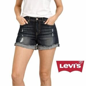 Levis Jean Shorts Womens Size 10 Blue Denim High Rise Distressed Dark Wash NWT